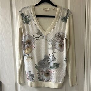 Ted Baker Cream V-Neck Sweater with Floral Design